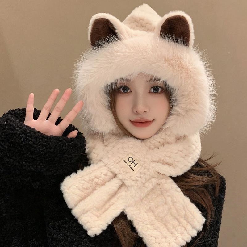 Cute Plush Hat Scarf Set Winter Thickened One-Piece Ear Protection Cap